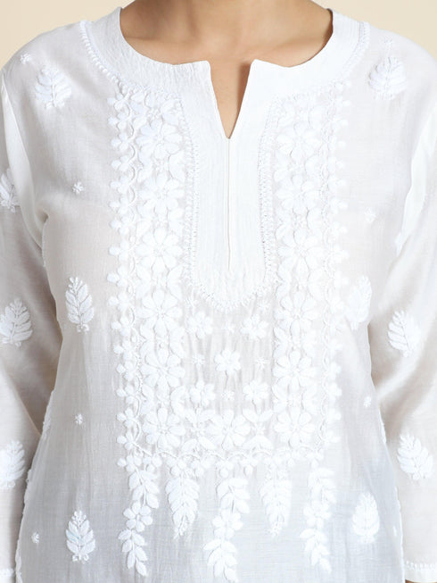 Ria Malhotra in Hand Embroidery Chikankari Long Kurti for Women In Chanderi Silk White-6
